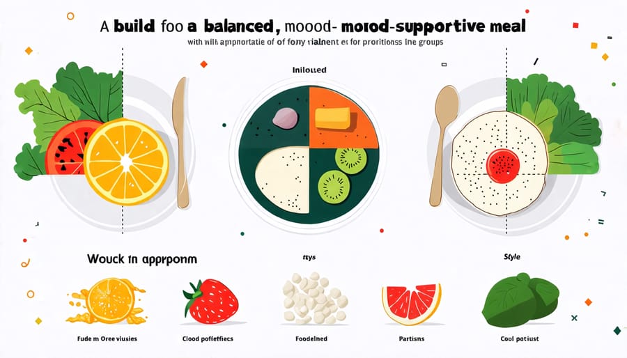 Visual guide for creating a balanced plate with mood-boosting foods