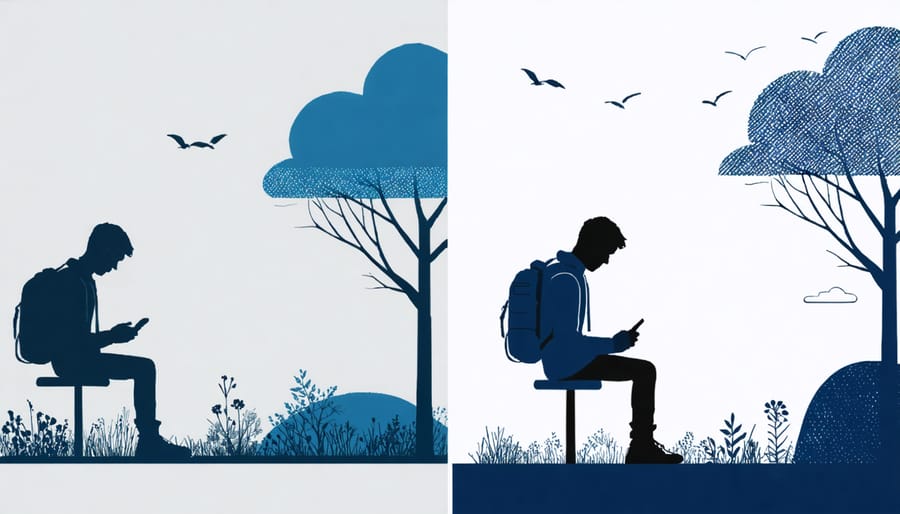 Side-by-side comparison of digital addiction versus healthy outdoor activity