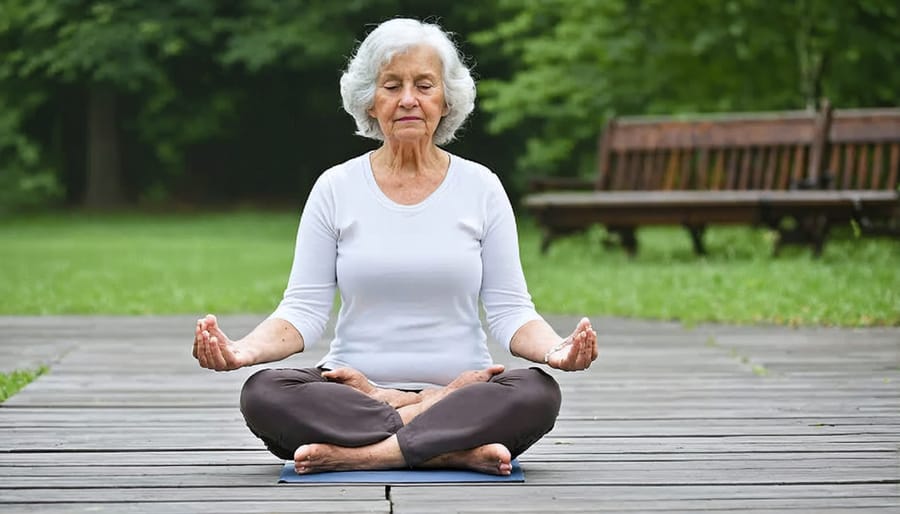 Elderly person performing gentle yoga poses in a garden setting