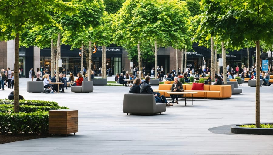 Urban plaza featuring benches, trees, and small groups of people engaging in conversation