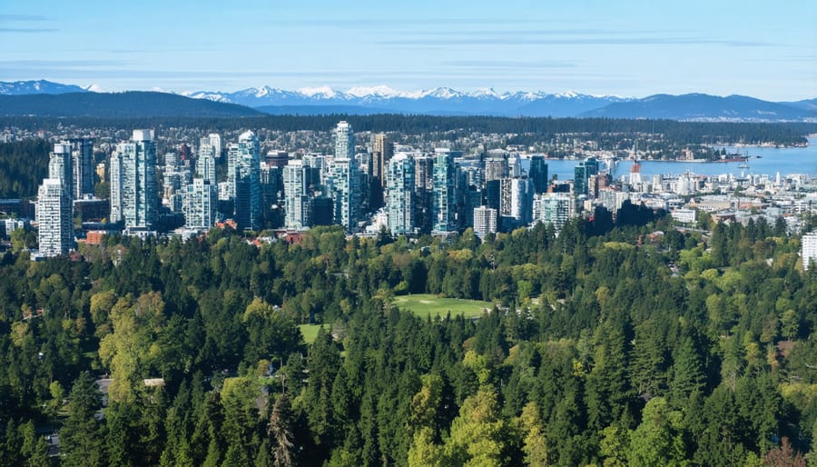 Bird's eye view of Vancouver's Stanley Park showing dense forest meeting urban development with mountains in background