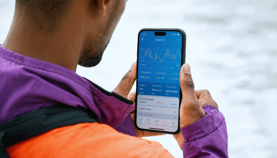 Individual checking health metrics on a fitness app during workout session