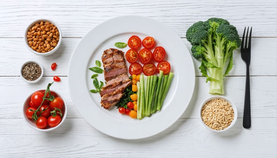Healthy plate divided into sections with grilled chicken, quinoa, and colorful vegetables showing proper portion sizes for diabetes management