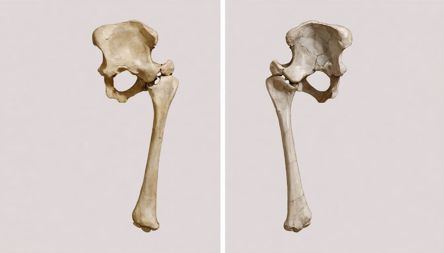 Side-by-side comparison of healthy bone structure versus bone with osteogenesis imperfecta showing characteristic differences