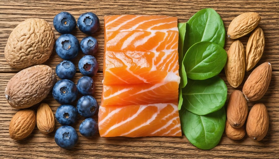 Collection of brain-healthy foods featuring omega-3 rich salmon, antioxidant-rich berries, and nutrient-dense nuts