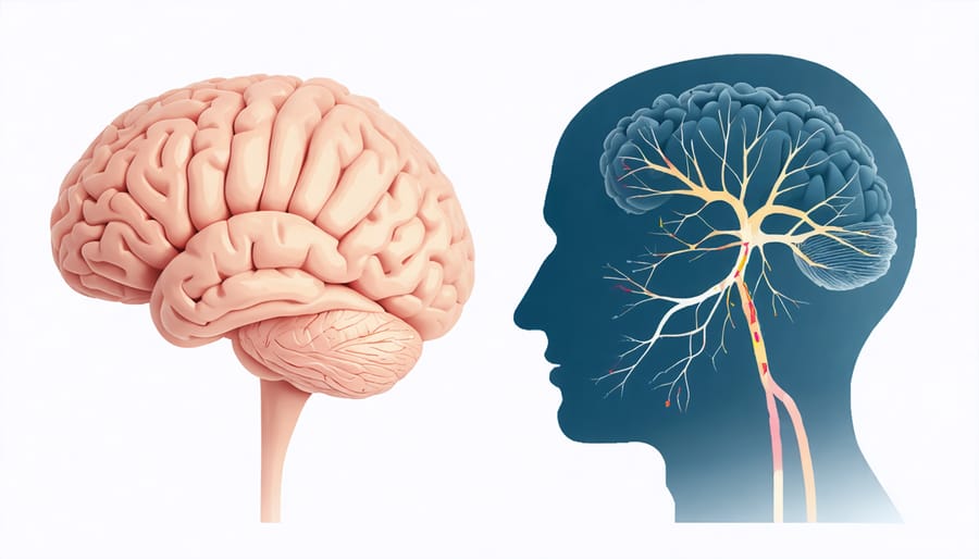 Anatomical illustration showing the connection between the brain and digestive system with highlighted nerve pathways