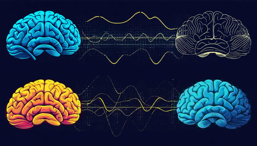 Scientific diagram showing brain wave patterns across sleep stages, emphasizing deep sleep waves