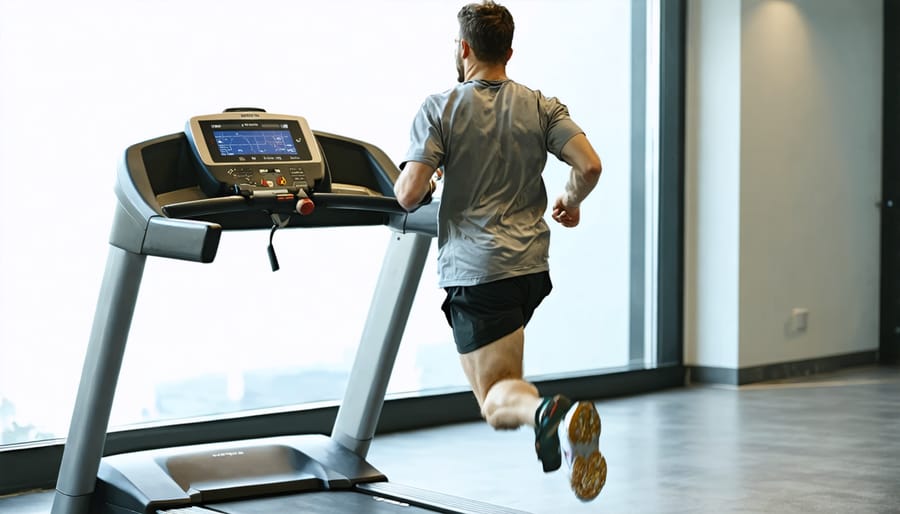 Athletic man monitoring heart rate while running on treadmill