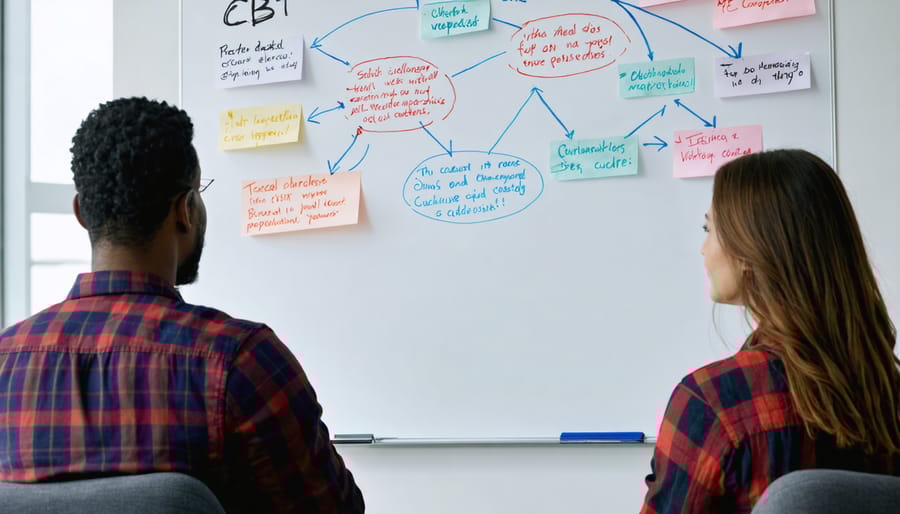Professional therapy session showing cognitive behavioral therapy techniques in action