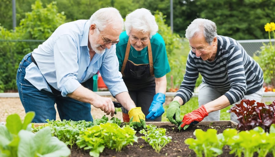 Diverse group of people of different ages working together in a community garden, sharing gardening knowledge