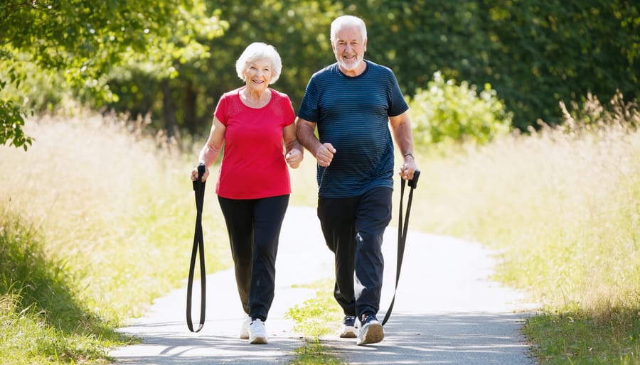Active older couple performing combined cardio and strength training exercises in a park setting