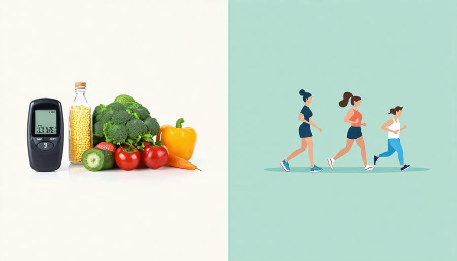 Blood glucose meter next to fresh vegetables and a person exercising