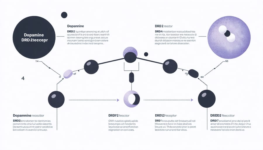 Diagram of dopamine signaling pathway highlighting DRD2 receptor function