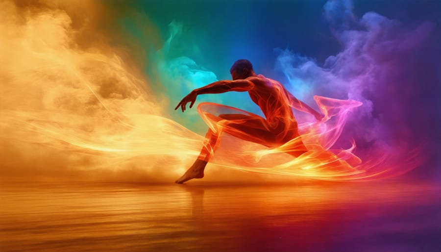 Artistic visualization of energy flowing through human silhouette in motion