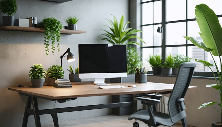 Ergonomic workplace featuring adjustable standing desk, ergonomic chair, and natural elements