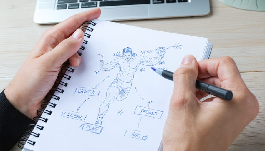 Individual writing in exercise journal with progress charts and positive affirmations visible