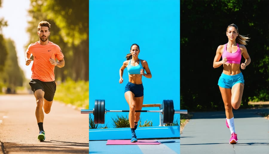 Triptych of people engaging in cardio, mindful movement, and strength training exercises