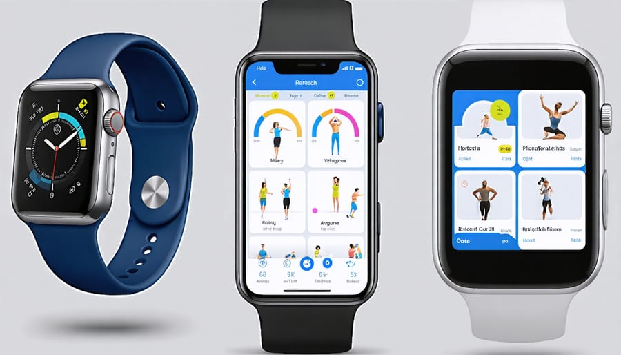 Smartwatch, fitness tracker, and smartphone displaying health and fitness applications