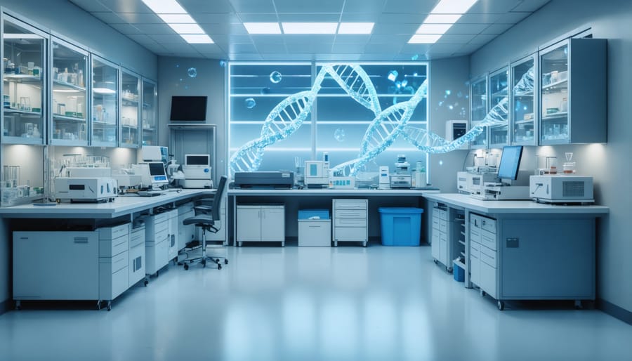 Laboratory technician analyzing genetic samples using advanced DNA sequencing equipment