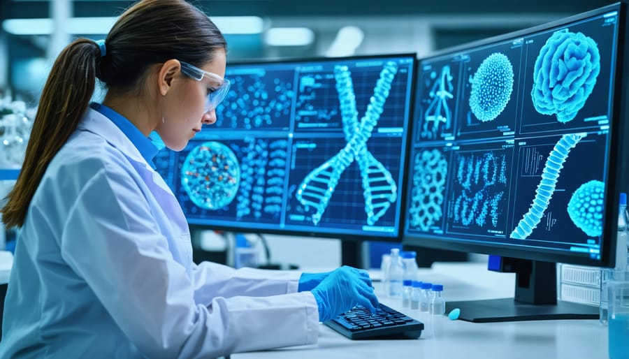 Researcher working with genomic data visualization software in modern lab setting