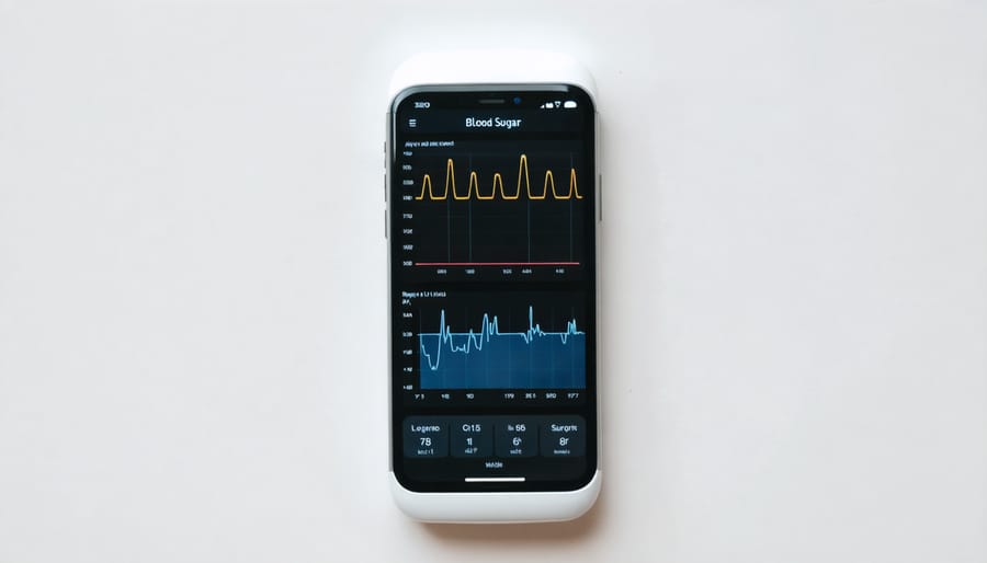 Smartphone screen showing a glucose monitoring app with graphs of blood sugar levels over time