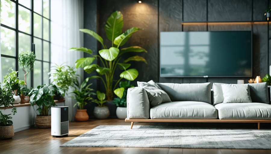 Bright, clean living room featuring air purifier, houseplants, and open windows for optimal air quality