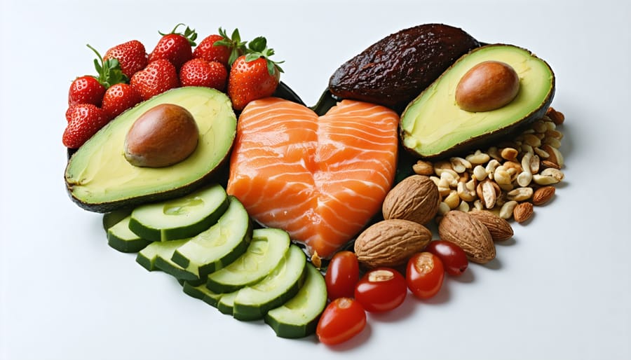 Heart-healthy foods arranged in a heart shape including fish, nuts, and vegetables