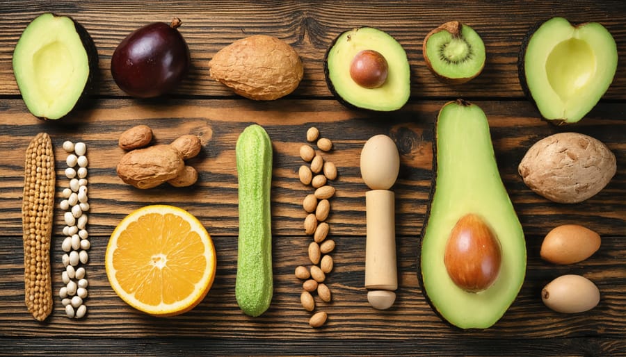 Healthy foods that support male hormone production including nuts, fish, eggs, and leafy greens