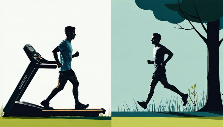 Side-by-side comparison of indoor treadmill running and outdoor trail running