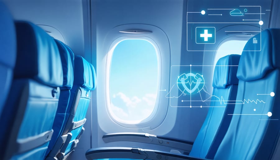 Aircraft cabin interior with overlay of medical emergency icons showing available support