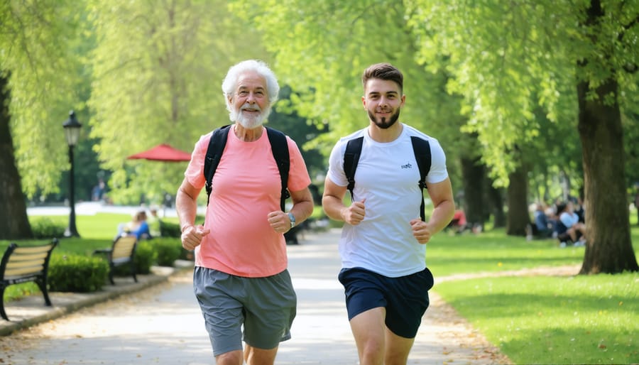 Senior adult and young person doing stretching exercises together outdoors