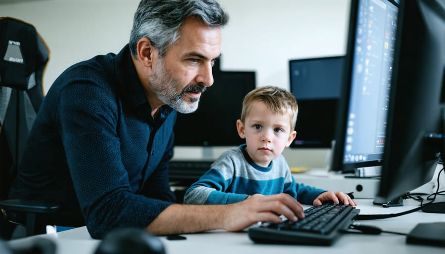 Elderly person showing a young person how to use computer technology, both smiling and engaged