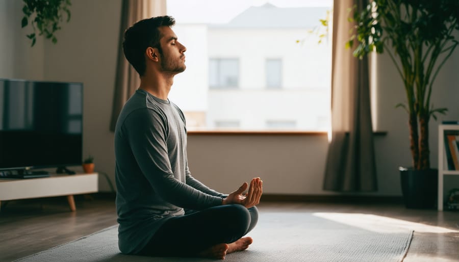 Individual performing breathing exercises in a calm home environment as part of Long COVID recovery