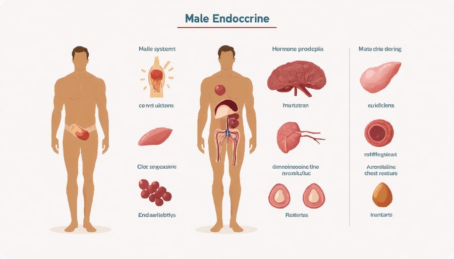 Anatomical diagram of male endocrine system showing pituitary gland, testes, and other hormone-producing organs