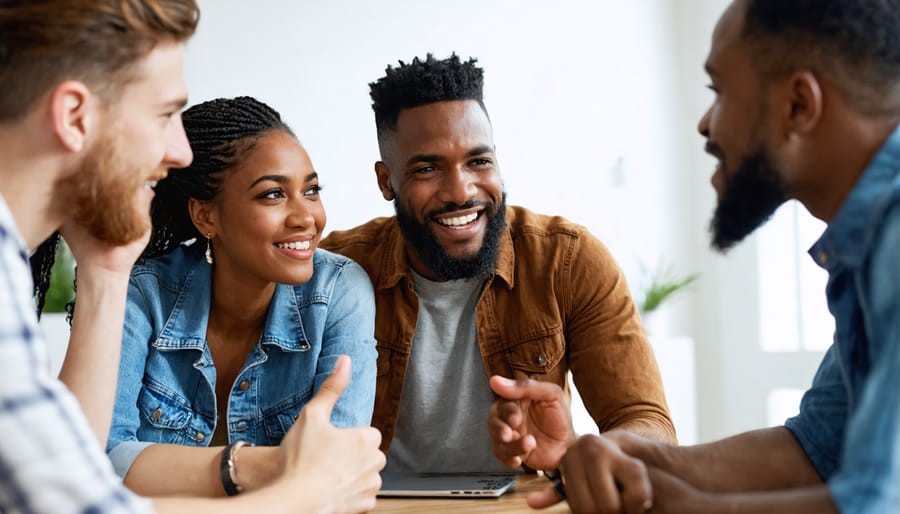 Diverse group of people having an animated conversation, displaying positive emotional engagement
