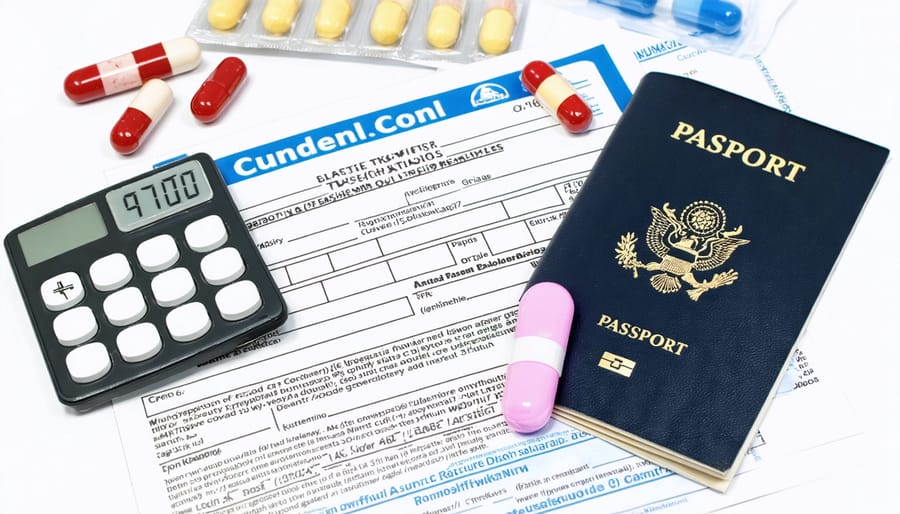 Travel medical documents, passport, and prescription medications arranged on a desk