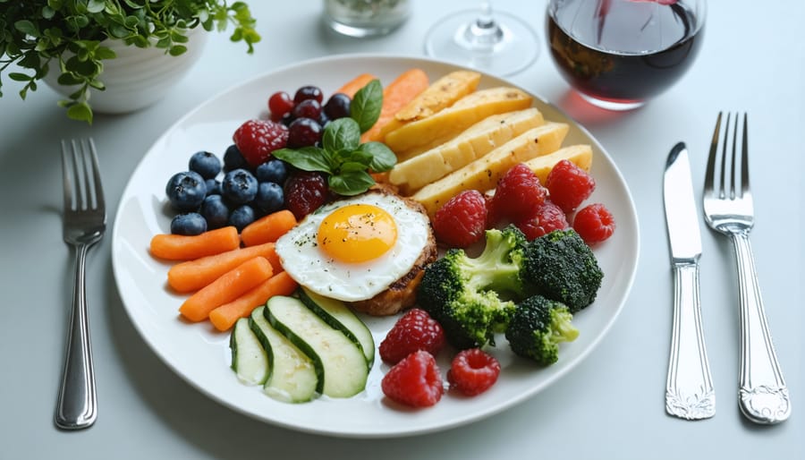 Colorful plate featuring salmon, quinoa, roasted vegetables, and leafy greens arranged aesthetically