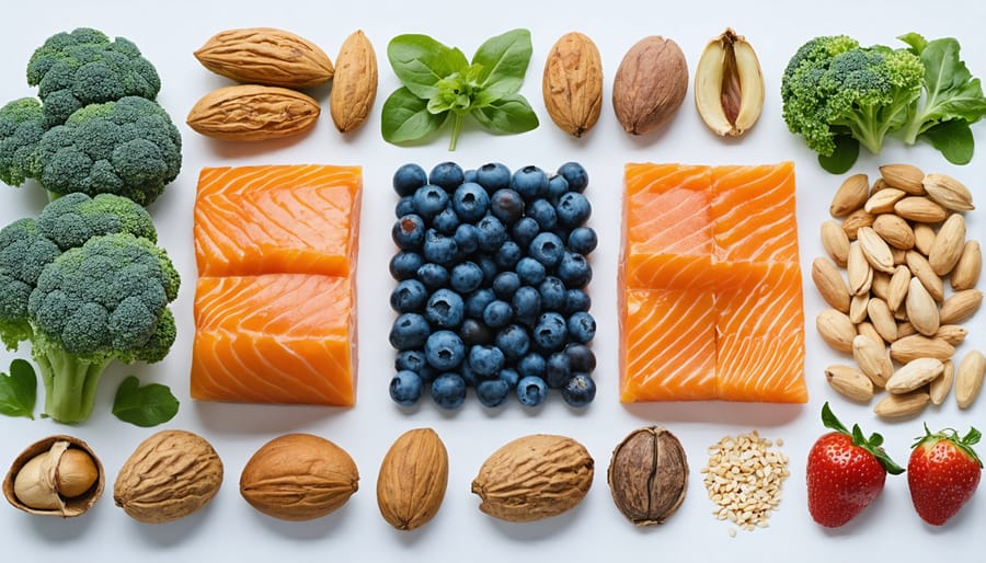Organized collection of foods rich in omega-3s, B-vitamins, and essential minerals for mental health