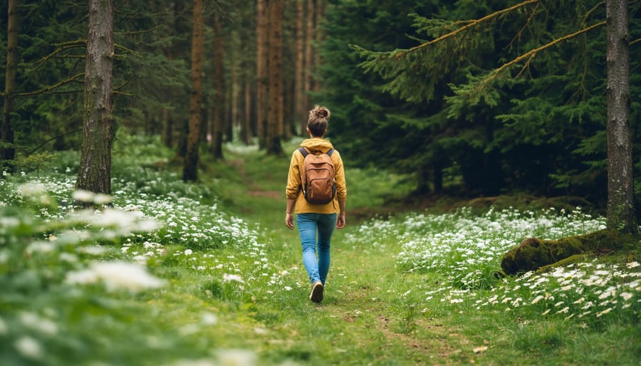 Individual walking mindfully on a forest path with serene expression