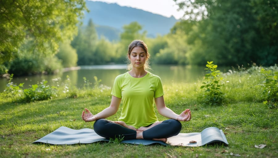 Individual in a yoga pose surrounded by nature, demonstrating mindful movement