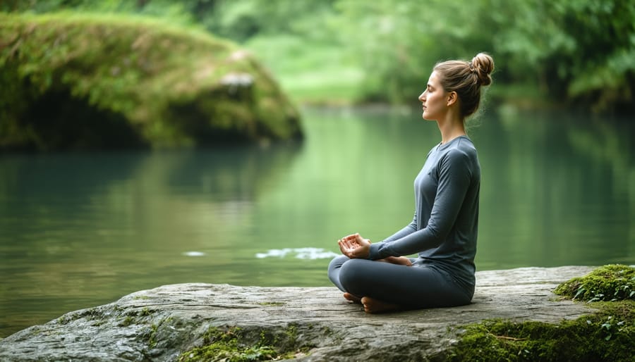 Individual meditating in a serene outdoor environment with calm expression