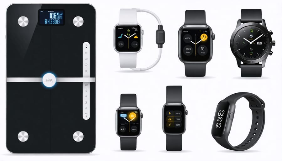 Various wearable and smart health monitoring devices displayed on a clean surface