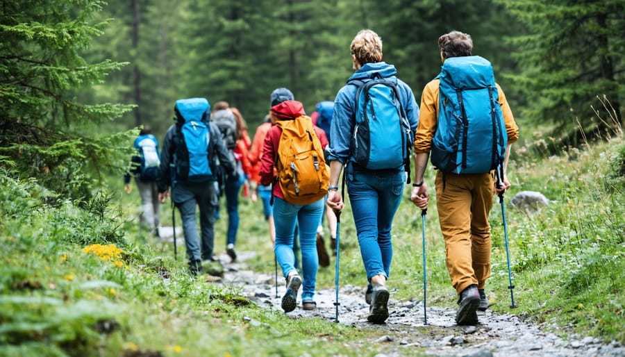 Mixed group of people hiking on a trail with rocks, roots, and natural obstacles