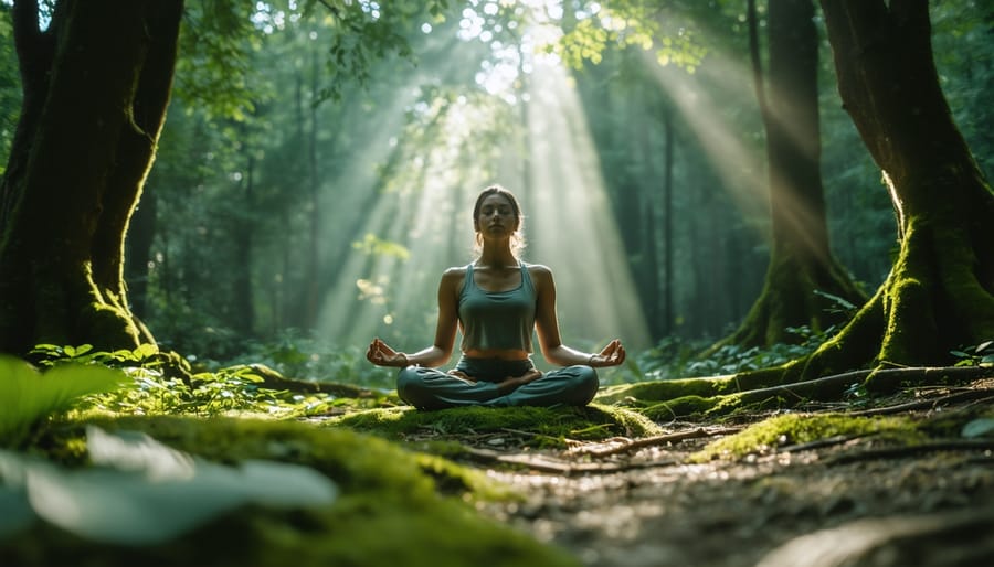 Individual practicing mindfulness in a peaceful forest environment
