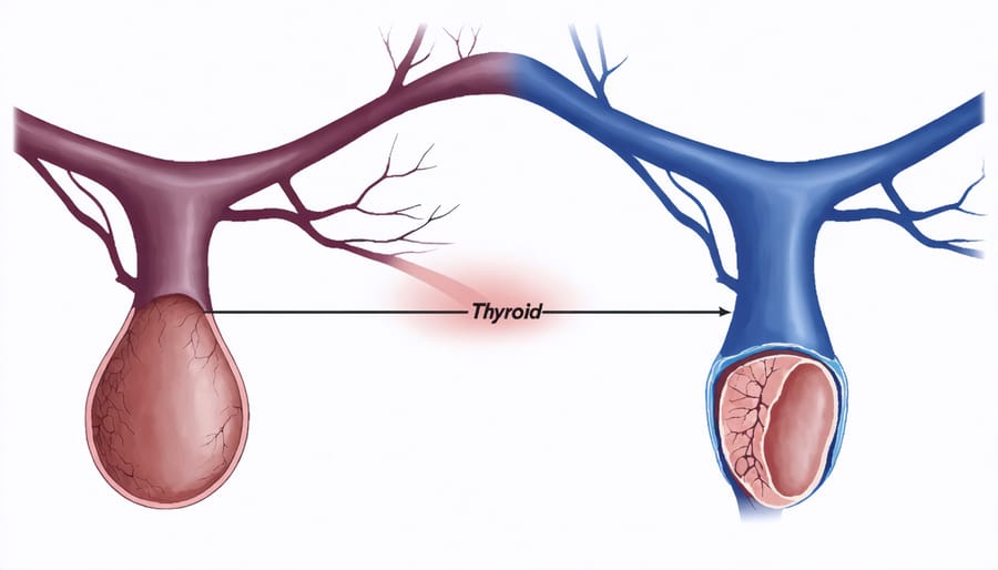 Medical diagram showing four parathyroid glands attached to the thyroid gland in the neck