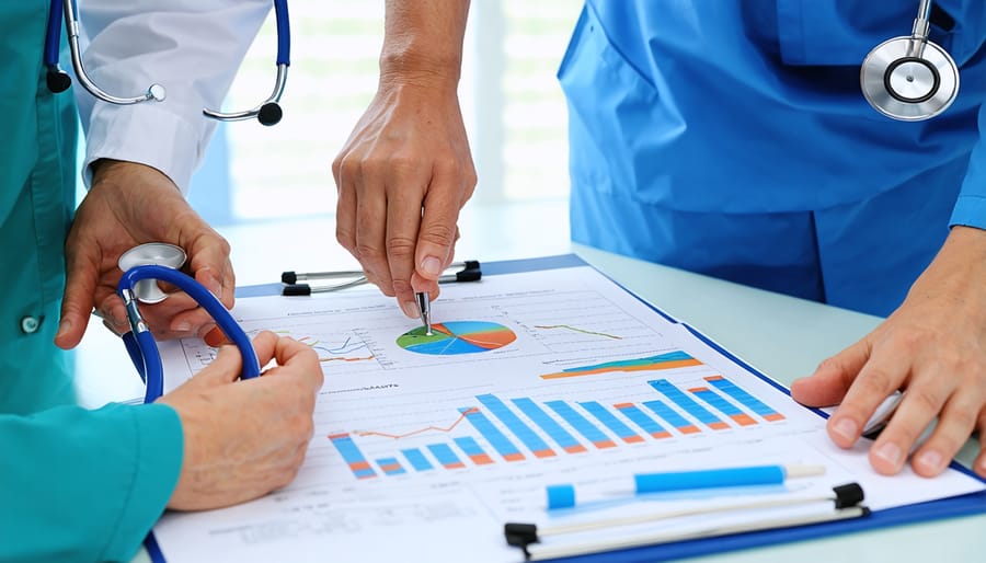 Diverse medical team reviewing patient information together at a conference table