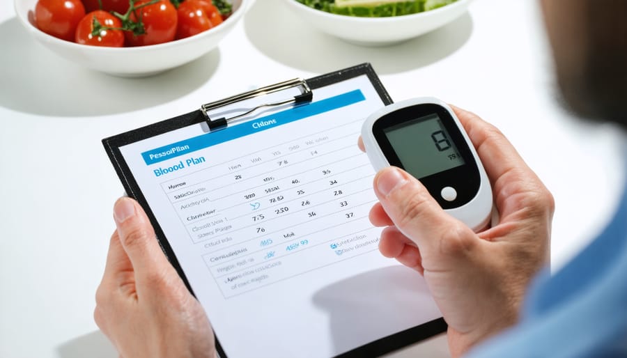 Individual testing blood sugar while consulting a customized nutrition plan on a tablet