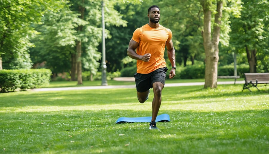 Athletic man jogging in a park with a peaceful expression, demonstrating physical stress management