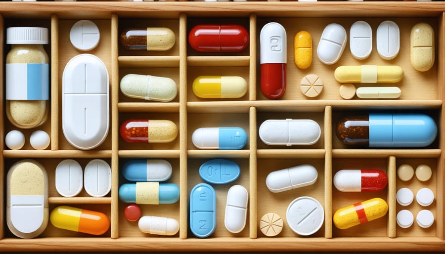 Various prescription medications displayed in organized pill containers and prescription bottles