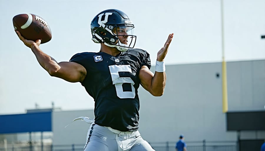 Quarterback performing explosive rotational medicine ball throw to develop throwing power